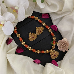 Vriksham Gold Look Alike Lakshmi Pendant Coral Beaded Mala-Red-G17013