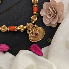 Vriksham Gold Look Alike Lakshmi Pendant Coral Beaded Mala-Red-G17013