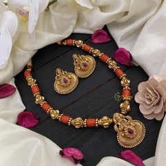 Vriksham Gold Look Alike Lakshmi Pendant Coral Beaded Mala-Red-G17013