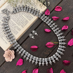 Vriksham Temple-Inspired Oxidized German Silver Long Haram-S964