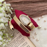 Vriksham Luxury Golden Snake Wrap Watch for Women Oval White Dial Crystal Watch-G21973