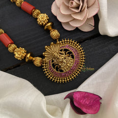 Vriksham Gold Look Alike Red AD Stone Lakshmi Pendant Beaded Mala-G17024