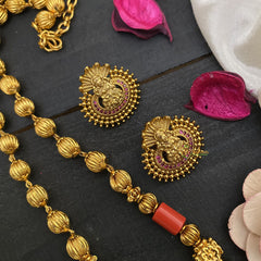 Vriksham Gold Look Alike Red AD Stone Lakshmi Pendant Beaded Mala-G17024