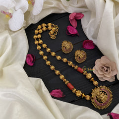 Vriksham Gold Look Alike Red AD Stone Lakshmi Pendant Beaded Mala-G17024