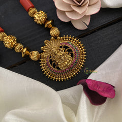 Vriksham Gold Look Alike Red Green AD Stone Lakshmi Pendant Beaded Mala-G17022