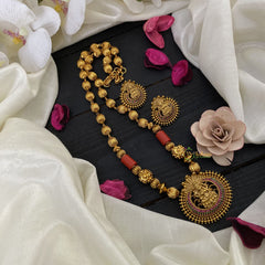 Vriksham Gold Look Alike Red Green AD Stone Lakshmi Pendant Beaded Mala-G17022