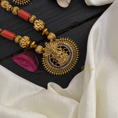 Vriksham Gold Look Alike White Blue AD Stone Lakshmi Pendant Beaded Mala-G17023