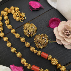 Vriksham Gold Look Alike White Blue AD Stone Lakshmi Pendant Beaded Mala-G17023