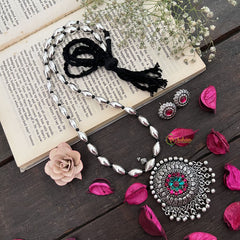 Vriksham Oxidized Silver Floral Round Pendant Long Neckpiece-S970