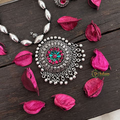 Vriksham Oxidized Silver Floral Round Pendant Long Neckpiece-S970