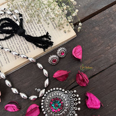 Vriksham Oxidized Silver Floral Round Pendant Long Neckpiece-S970