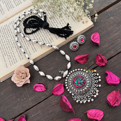 Vriksham Oxidized Silver Floral Round Pendant Long Neckpiece-S970