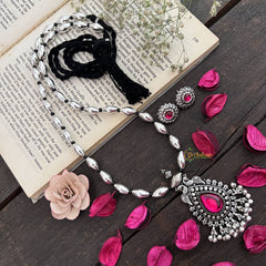 Vriksham Silver-Tone Tear Drop Pendant Oxidized Silver Floral Round Pendant Long Neckpiece-S971