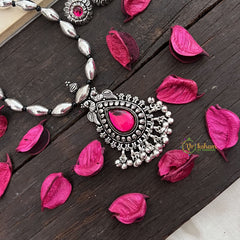 Vriksham Silver-Tone Tear Drop Pendant Oxidized Silver Floral Round Pendant Long Neckpiece-S971