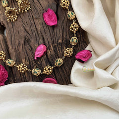 Vriksham Temple Inspired Kundan & Gold Ball Green Emerald Beaded Neckpiece-G20662