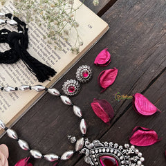 Vriksham Silver-Tone Tear Drop Pendant Oxidized Silver Floral Round Pendant Long Neckpiece-S971