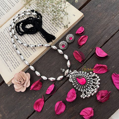 Vriksham Silver-Tone Tear Drop Pendant Oxidized Silver Floral Round Pendant Long Neckpiece-S971