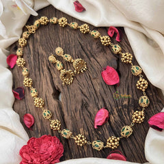 Vriksham Temple Inspired Kundan & Gold Ball Green Emerald Beaded Neckpiece-G20662