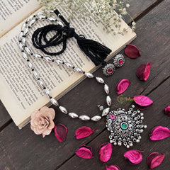 Vriksham Oxidized Silver Floral Pendant Long Neckpiece-Red Green-S973