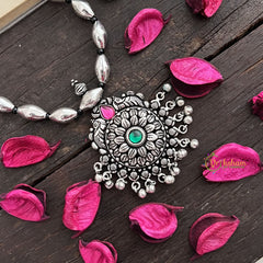 Vriksham Oxidized Silver Floral Pendant Long Neckpiece-Red Green-S973