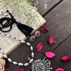 Vriksham Oxidized Silver Floral Pendant Long Neckpiece-Red Green-S973