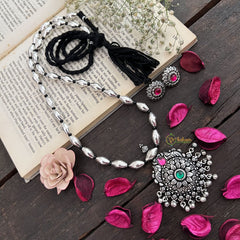 Vriksham Oxidized Silver Floral Pendant Long Neckpiece-Red Green-S973