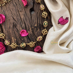 Vriksham Temple Inspired Kundan & Gold Ball Red Ruby & Green Emerald Beaded Neckpiece-G20661