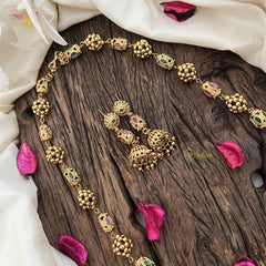 Vriksham Temple Inspired Kundan & Gold Ball Red Ruby & Green Emerald Beaded Neckpiece-G20661