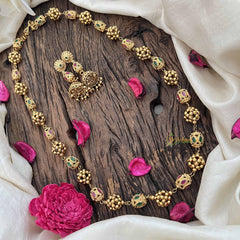 Vriksham Temple Inspired Kundan & Gold Ball Red Ruby & Green Emerald Beaded Neckpiece-G20661