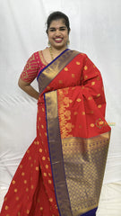 Vriksham Regal Red Color With Silver Zari Palakku Blue Border Kanchi Silk Saree-VS4749