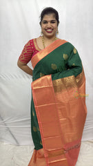 Vriksham Green With Pink Border Minakari Work & Full Silver Zari Kanchi Silk Saree-VS4781