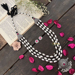 Vriksham Oxidized Silver Tribal Dome Pendant Long Dolki Neckpiece-Red-S972