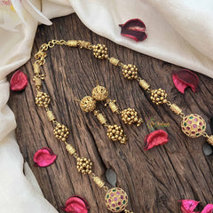 Vriksham Elegant Antique Gold Ball With Green Emerald & Red Ruby Circle Beaded Neckpiece-G20666