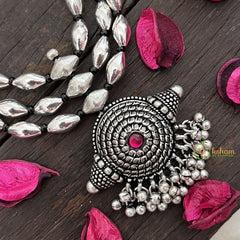 Vriksham Oxidized Silver Tribal Dome Pendant Long Dolki Neckpiece-Red-S972
