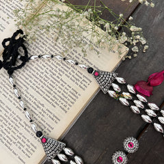 Vriksham Oxidized Silver Tribal Dome Pendant Long Dolki Neckpiece-Red-S972