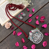 Vriksham Oxidized Silver Temple With Dual Peacock and Lakshmi Motif-Red Thread Long Neckpiece-S977
