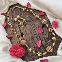 Vriksham Elegant Antique Gold Ball With Red Ruby Circle Beaded Neckpiece-G20664