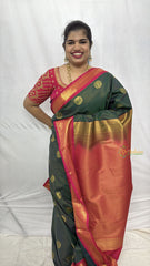 Vriksham Green Podi kattam With Red Kanchi Silk Saree-VS4756