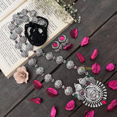 Vriksham Oxidized Silver Yakshagana Motif & Peacock Detailing With Black Thread Neckpiece-S978