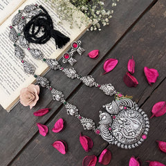 Vriksham Radha Krishna Detailing Oxidized Silver With Black Thread Neckpiece-S982