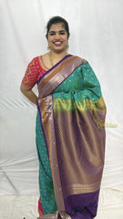 Vriksham Teal Green With Purple Border & Silver Zari Detailing Minakari Work Kanchi Silk Saree-VS4783