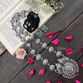 Vriksham Oxidized Silver Yakshagana Motif & Peacock Detailing With Black Thread Neckpiece-Red Green-S987