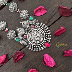Vriksham Oxidized Silver Yakshagana Motif & Peacock Detailing With Black Thread Neckpiece-Red Green-S987
