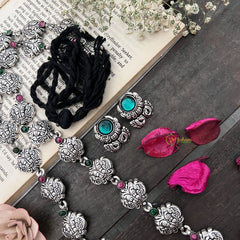 Vriksham Oxidized Silver Yakshagana Motif & Peacock Detailing With Black Thread Neckpiece-Red Green-S987