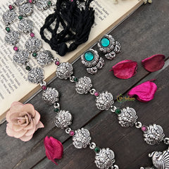 Vriksham Oxidized Silver Yakshagana Motif & Peacock Detailing With Black Thread Neckpiece-Red Green-S987