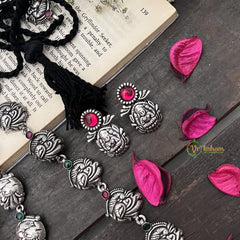 Vriksham Lakshmi Temple Oxidized Silver With Black Thread Neckpiece-S984