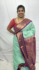 Vriksham Sea Green Gold Butta Minakari Work With Purple Border Kanchi Silk Saree-VS4782