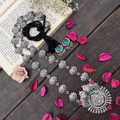 Vriksham Oxidized Silver Yakshagana Motif & Green Dot Peacock Detailing With Black Thread Neckpiece-S979