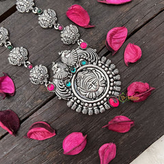Vriksham Oxidized Silver Yakshagana Motif & Green Dot Peacock Detailing With Black Thread Neckpiece-S979
