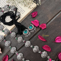 Vriksham Oxidized Silver Yakshagana Motif & Green Dot Peacock Detailing With Black Thread Neckpiece-S979